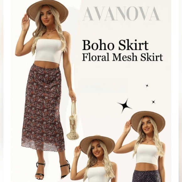 Avanova Women Ditsy Floral Bohemian Mesh Midi Skirt #729 - Picture 7 of 9
